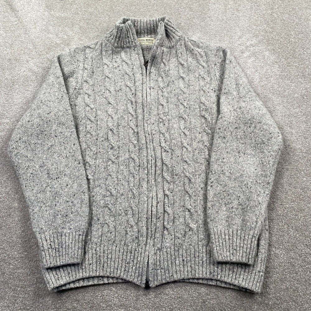 Luca Nobili Cardigan Sweater Mens XL Grey Cable Knit Wool Blend Full Zip Italy